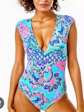 Lilly Pulitzer One Piece Swimsuit Blue Horizon Jungle Sunrise Size 6